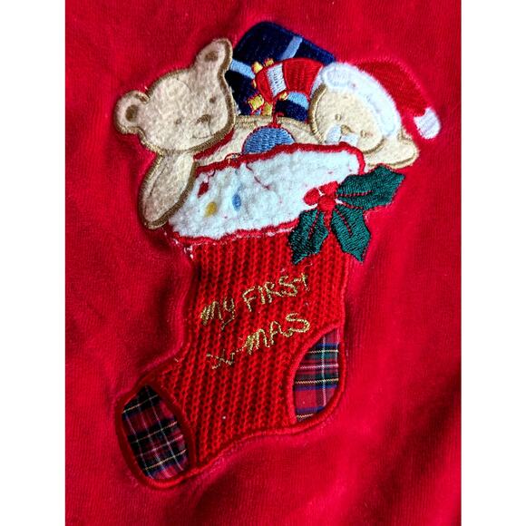 🎄 Vintage 1990s Baby Christmas Footie Pajamas "My First X-Mas” Red Velour 3-6 M - Picture 3 of 12